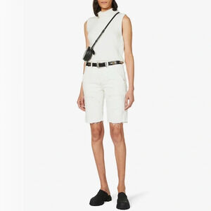 Frame Le Slouch Bermuda Distressed-Trim High-Rise Denim Shorts
